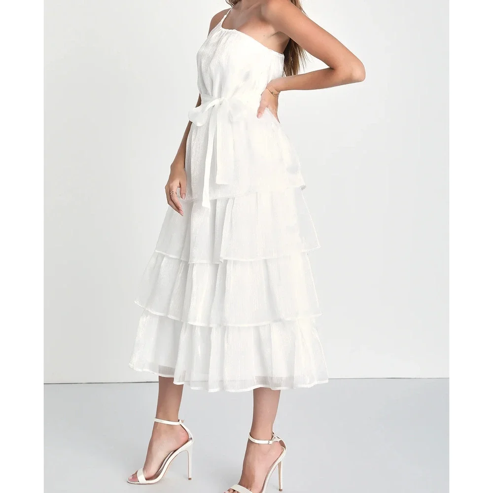 Sweetest Success White Organza Tiered One-Shoulder Midi Dress - Picture 3 of 4